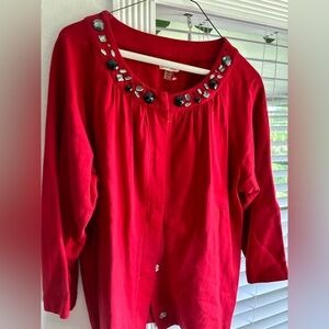 Red Jeweled Neckline Long Sleeve Top